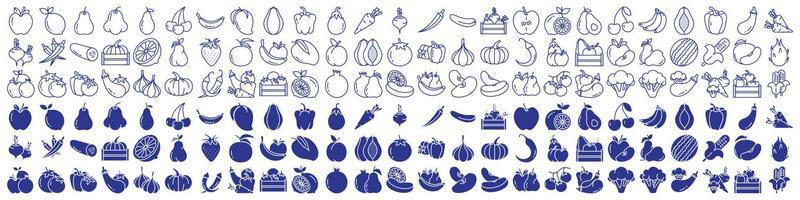 Collection of icons related to Fruits and Vegetables, including icons like Apple, Lemon, Pear, Avocado and more. vector illustrations, Pixel Perfect