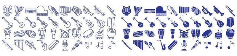 Collection of icons related to Music instruments, including icons like Guitar, Violin, Keyboard, Piano, and more. vector illustrations, Pixel Perfect