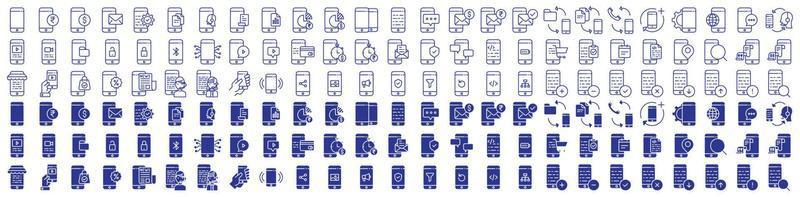 colección de íconos relacionados con aplicaciones móviles y desarrollo, incluidos íconos como teléfono móvil, pagos, configuraciones, soporte técnico y más. ilustraciones vectoriales, píxeles perfectos vector