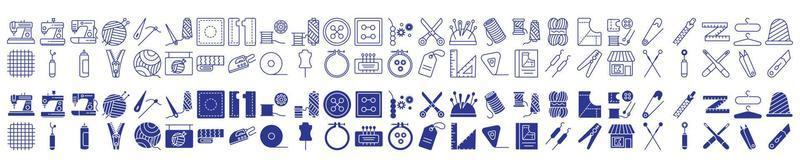 Collection of icons related to Sewing and stitching, including icons like Sewing Machine, Needle, Stitches, Thread and more. vector illustrations, Pixel Perfect