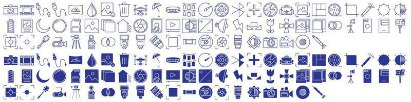 Collection of icons related to Photoshoot and Photography, including icons like Panorama, Drone, Umbrella, Auto focus and more. vector illustrations, Pixel Perfect