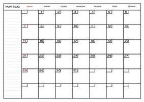 Monthly carlendar May 2023 planner vector