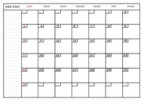 Monthly carlendar December 2023 planner vector
