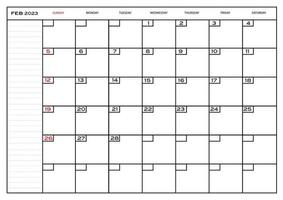 planificador mensual carlendar febrero 2023 vector