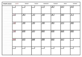 Monthly carlendar March 2023 planner vector