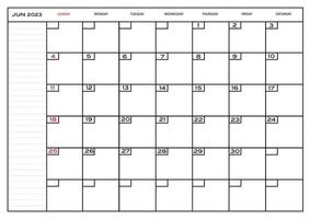 Monthly carlendar June 2023 planner vector