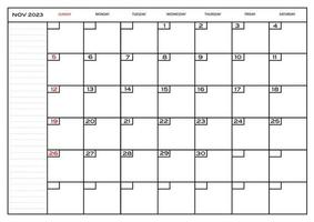 planificador mensual carlendarnoviembre 2023 vector