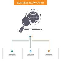 global. globe. magnifier. research. world Business Flow Chart Design with 3 Steps. Glyph Icon For Presentation Background Template Place for text. vector