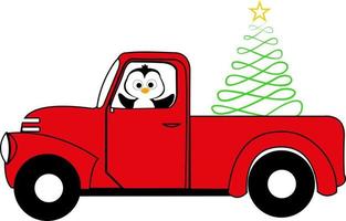 un auto rojo lleva un árbol de navidad con una carrera en la parte superior. pingüino. Año Nuevo. Navidad. vector