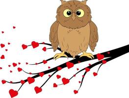 A wise owl bird sits on a tree branch with hearts. White background. Design element. vector