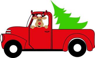 A retro Christmas pickup truck carries a green Christmas tree. Deer with horns boho. New Year. vector