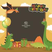 marco de fondo de feliz cumpleaños con lindos personajes de dinosaurios vector