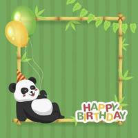 feliz cumpleaños con carácter panda y marco cuadrado de bambú vector