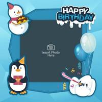 marco de fondo de feliz cumpleaños con personaje de pingüino y muñeco de nieve vector