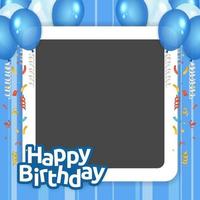 feliz cumpleaños con marco cuadrado, confeti y globos vector