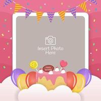 Happy birthday frame with birthday cake, balloons and flags illustration vector