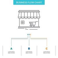 tienda. Tienda. mercado. edificio. diseño de diagrama de flujo de negocios de compras con 3 pasos. icono de línea para el lugar de plantilla de fondo de presentación para texto vector