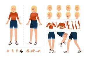 Girl in casual clothes cartoon character for motion design with facial expressions, hand gestures, body and leg movement illustration vector