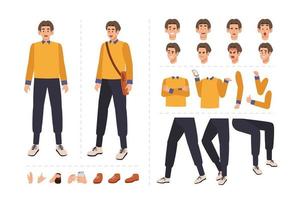 Male student cartoon character for motion design with facial expressions, hand gestures, body and leg movement illustration vector