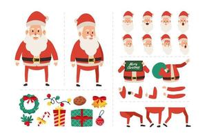 Santa claus cartoon character with various facial expressions, hand gestures, body and leg movement illustration. Character for christmas motion animation vector