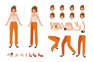 Cute girl cartoon character for motion design with facial expressions, hand gestures, body and leg movement illustration vector