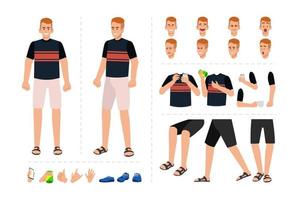 Young man in casual clothes with various facial expressions, hand gestures, body and leg movement illustration. Cartoon character for motion design animation vector