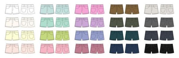 Set of denim short with pockets technical sketch. Kids jeans shorts design template collection. Diffirent colors. vector