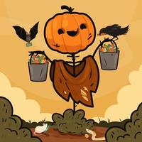 Halloween background with scarecrow and bucket filled with candy vector