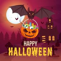 Happy halloween background with bat holding pumpkin bucket filled with candies vector