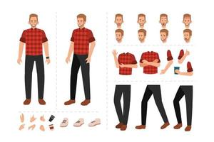 Young man cartoon character for motion design with facial expressions, hand gestures, body and leg movement vector