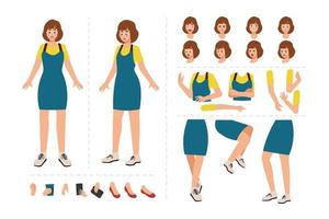 Girl cartoon character for motion design with facial expressions, hand gestures, body and leg movement vector