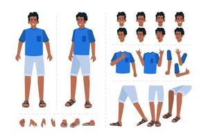 Boy cartoon character with various facial expressions, hand gestures, body and leg movement. Cartoon character for motion animation vector