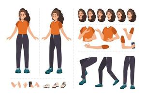personaje de dibujos animados de mujer para diseño de movimiento con expresiones faciales, gestos de mano, movimiento de cuerpo y piernas vector