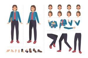 Woman cartoon character for motion design with facial expressions, hand gestures, body and leg movement vector