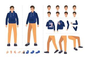Young man cartoon character for motion design with facial expressions, hand gestures, body and leg movement vector