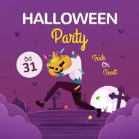 fondo de fiesta de halloween con zombie sosteniendo calabaza llena de dulces vector