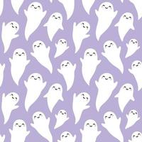 Cute flying ghosts pattern on a light purple background. Pastel violet Halloween ghost seamless pattern repeat. vector