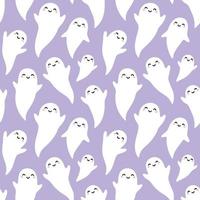 Cute flying ghosts pattern on a light purple background. Pastel violet Halloween ghost seamless pattern repeat. vector