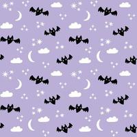 patrón de murciélagos voladores de halloween violeta pastel. fondo de cielo nocturno púrpura pastel con luna creciente, estrellas y nubes. vector