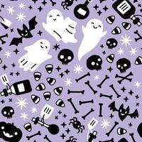 Pastel purple Halloween magical pattern with ghosts, bats, skulls, bones, potion bottles, spiders, stars and candy corn. vector