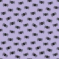pequeñas arañas negras esparcidas sobre fondo morado claro lindo patrón sin costuras de halloween. Fondo de repetición espeluznante violeta pastel. vector