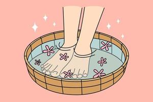 Close-up of legs in bowl with water and flowers. Person enjoy procedures in spa or saloon. Aromatherapy and relaxation. Vector illustration.