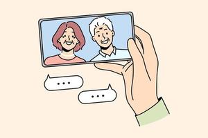 Hand holding cellphone talking with mature parents online on video call. Person have webcam conversation with senior grandparents on smartphone. Vector illustration.