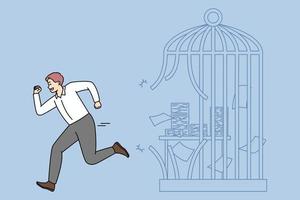 Happy businessman escape cage with paperwork quit office job. Excited male employee run from job imprisonment. Toxic workplace. Vector illustration.