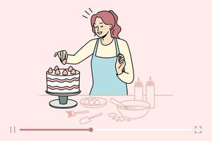 Female food blogger shooting cake recipe on online channel. Woman vlogger make live stream of dessert baking. Homemade bakery. Vector illustration.