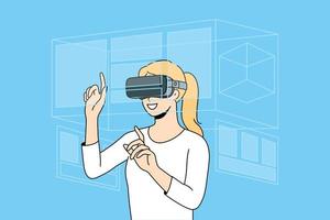 Happy woman in VR glasses explore surroundings. Smiling female client in virtual reality glasses have fun enjoy new modern technology. Vector illustration.