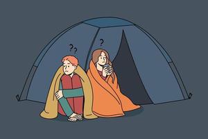 Confused man and woman sleeping in tent outside live for charity or donation. Unhappy couple refugees in camp on street. Homeless problem. Vector illustration.