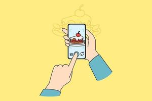 Hands holding smartphone make dessert photo on modern gadget. Concept of mobile food photography. Person shooting recipe for culinary blog. Vector illustration.