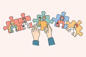 Hands joining jigsaw puzzles with employees engaged in employment and hr process. Recruiter looking for workers in team. Recruitment and hiring. Vector illustration.