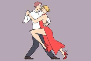 Sexy young woman in red dress dancing tango together. Sensual couple enjoy romantic dance. Hobby and leisure. Vector illustration.